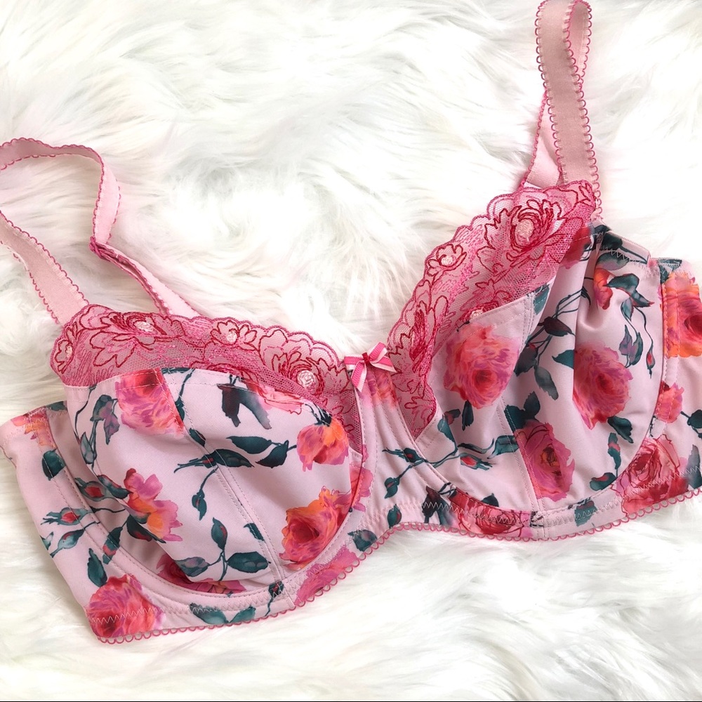 Cleo by Panache Floral Rose Pink and Lace Bra 36E